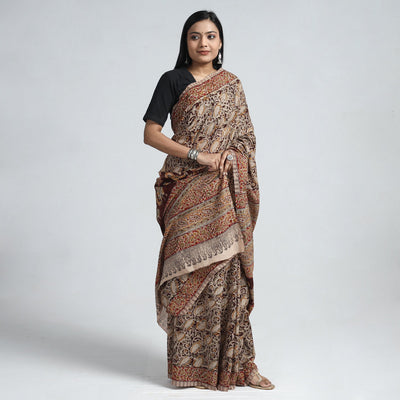 Brown - Pedana Block Print Cotton Kalamkari Saree