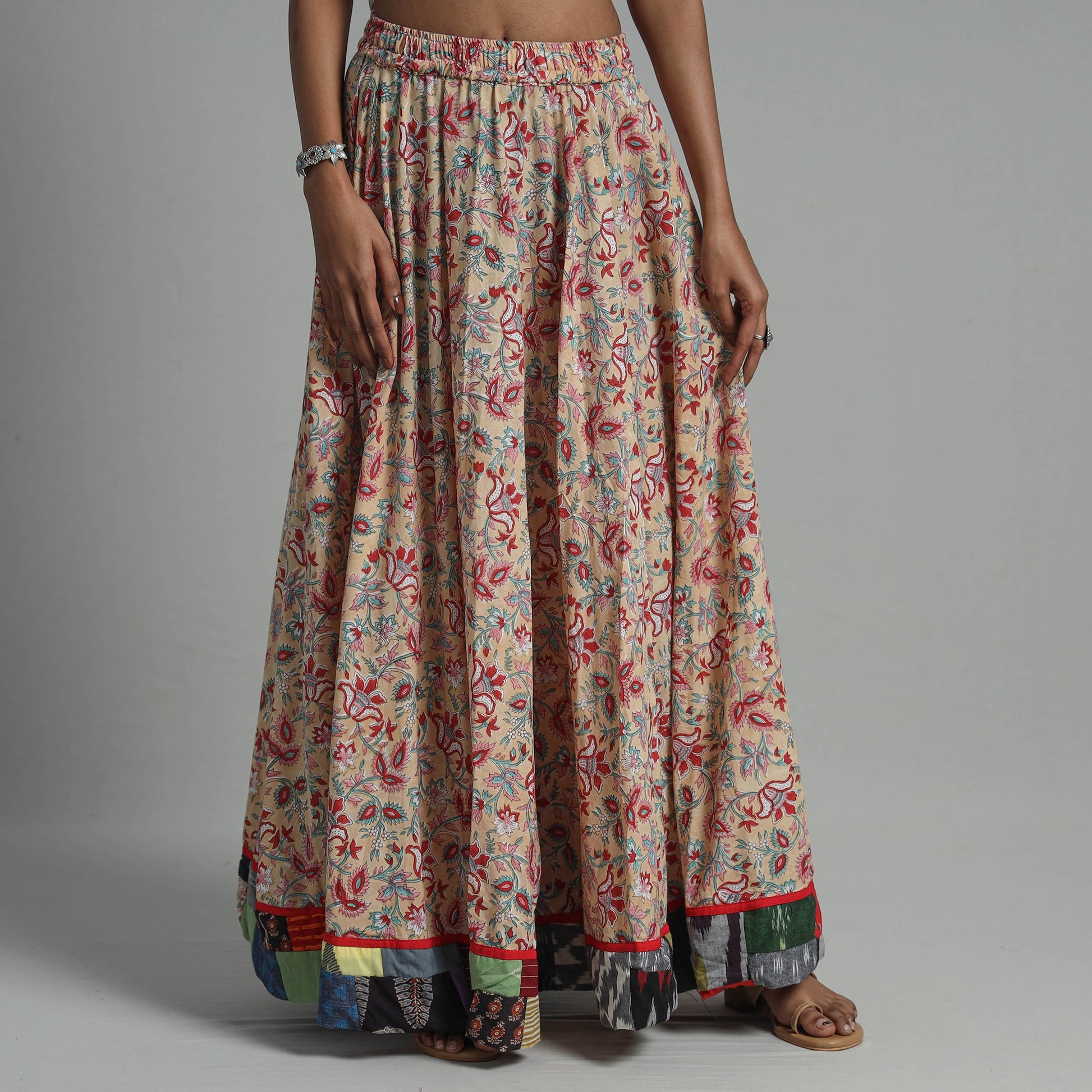 Brown - Sanganeri Block Print Cotton Long Skirt 02