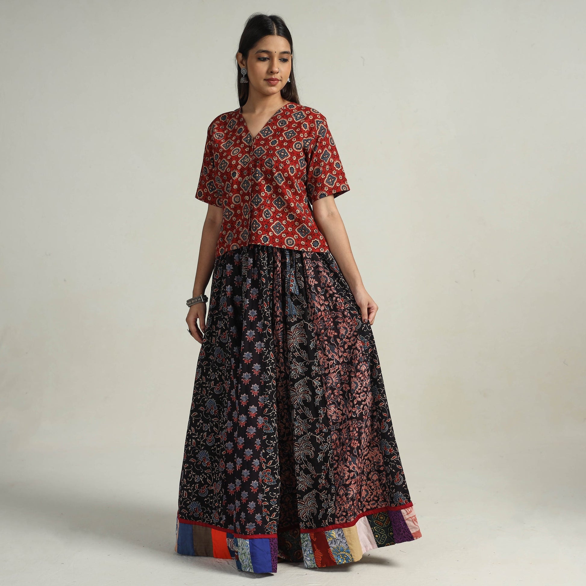 Black - Kutch Block Printed 24 Kali Cotton Long Skirt 24