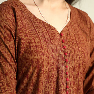 Brown - Bagh Block Printed Cotton Kurta with Palazzo Set