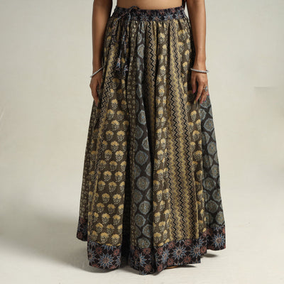Brown - Ajrakh Block Printed 24 Kali Patchwork Cotton Long Skirt 09