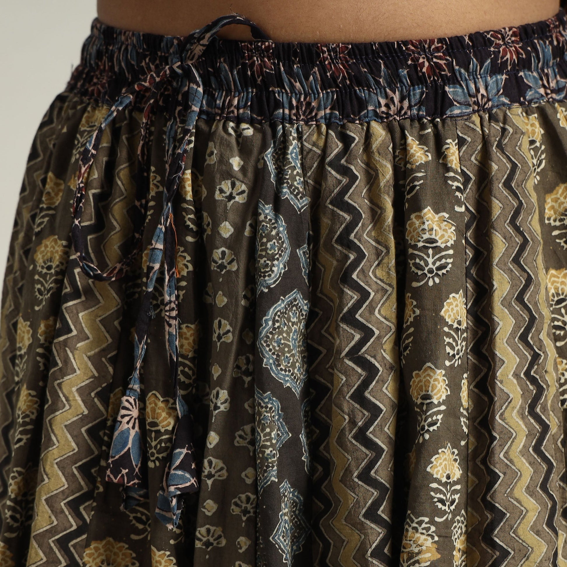 Brown - Ajrakh Block Printed 24 Kali Patchwork Cotton Long Skirt 09