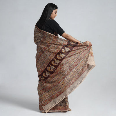 Brown - Pedana Block Print Cotton Kalamkari Saree