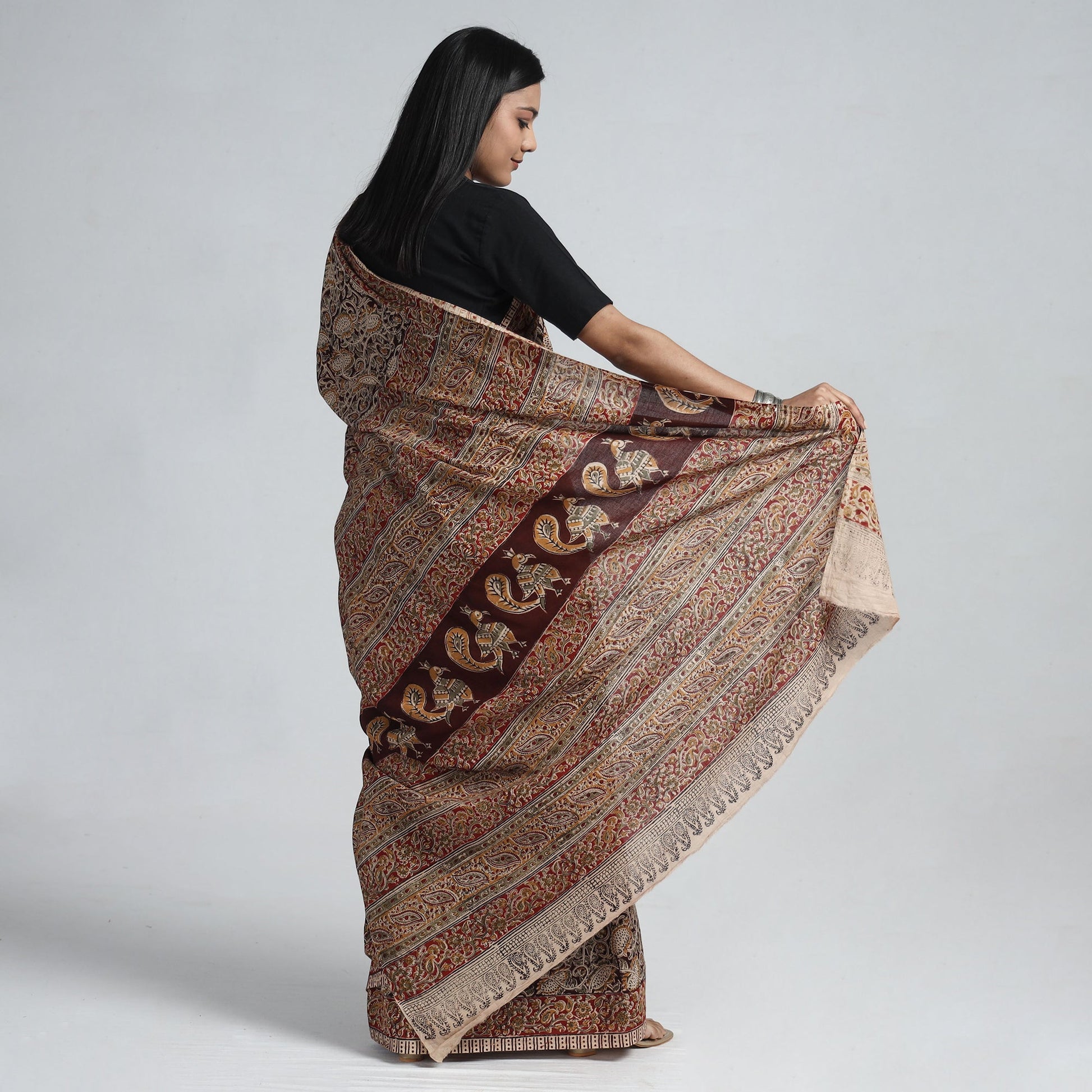 Brown - Pedana Block Print Cotton Kalamkari Saree