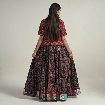 Black - Kutch Block Printed 24 Kali Cotton Long Skirt 24