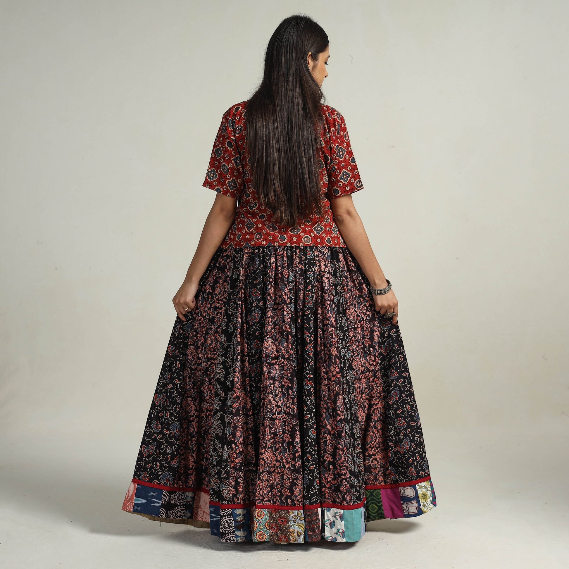 Black - Kutch Block Printed 24 Kali Cotton Long Skirt 24