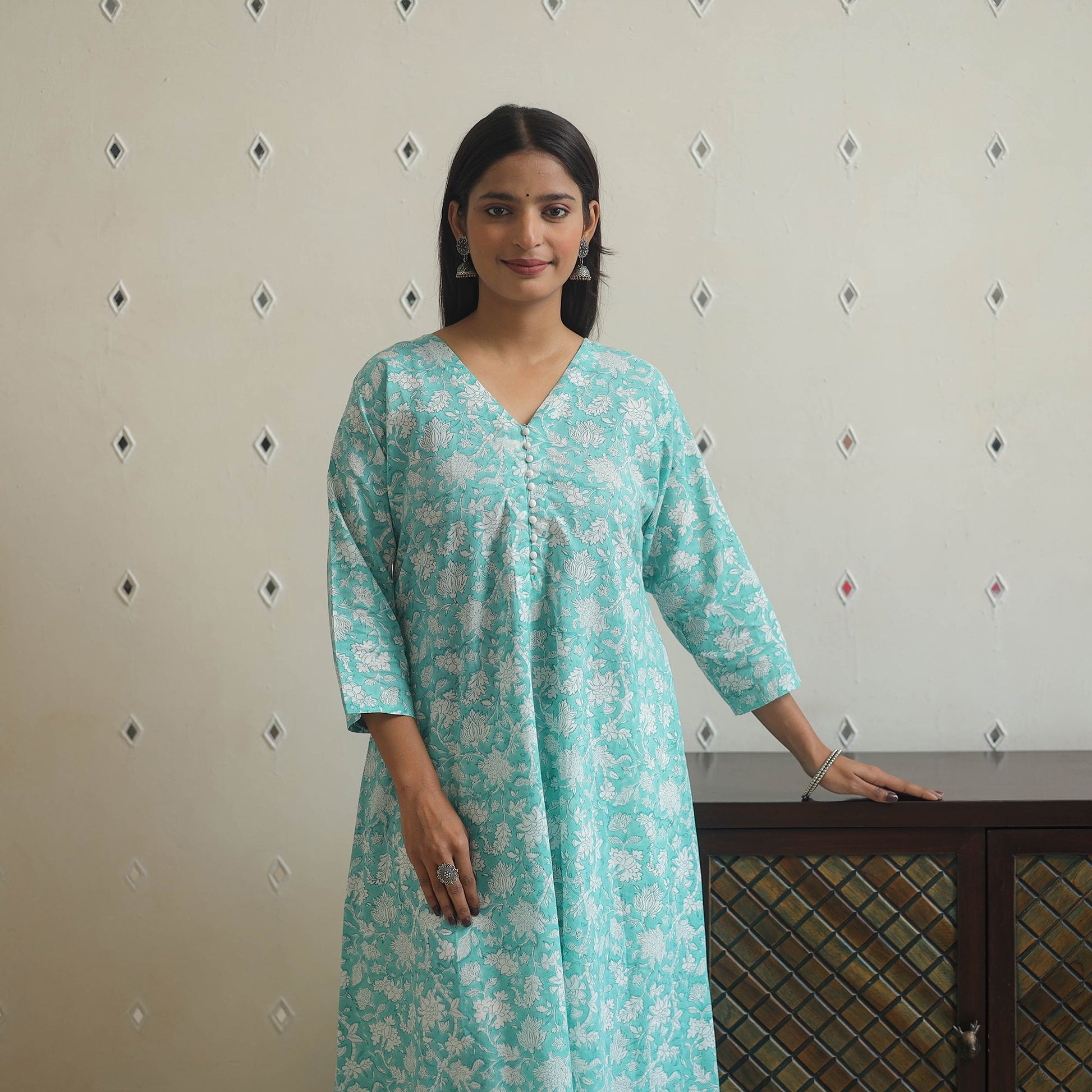 Aqua Blue - Block Print Cotton A-Line Sanganeri Kurta 16