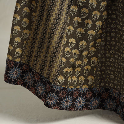 Brown - Ajrakh Block Printed 24 Kali Patchwork Cotton Long Skirt 09