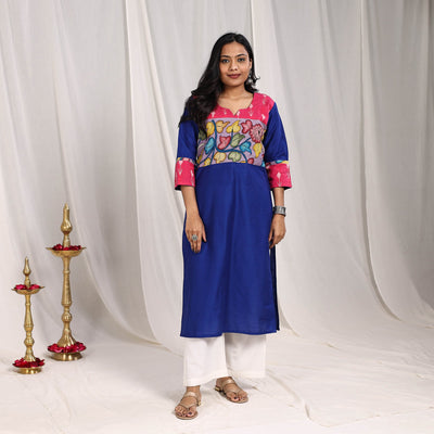 Blue - Fiza Slub Silk Straight Plain Kurta with Patchwork