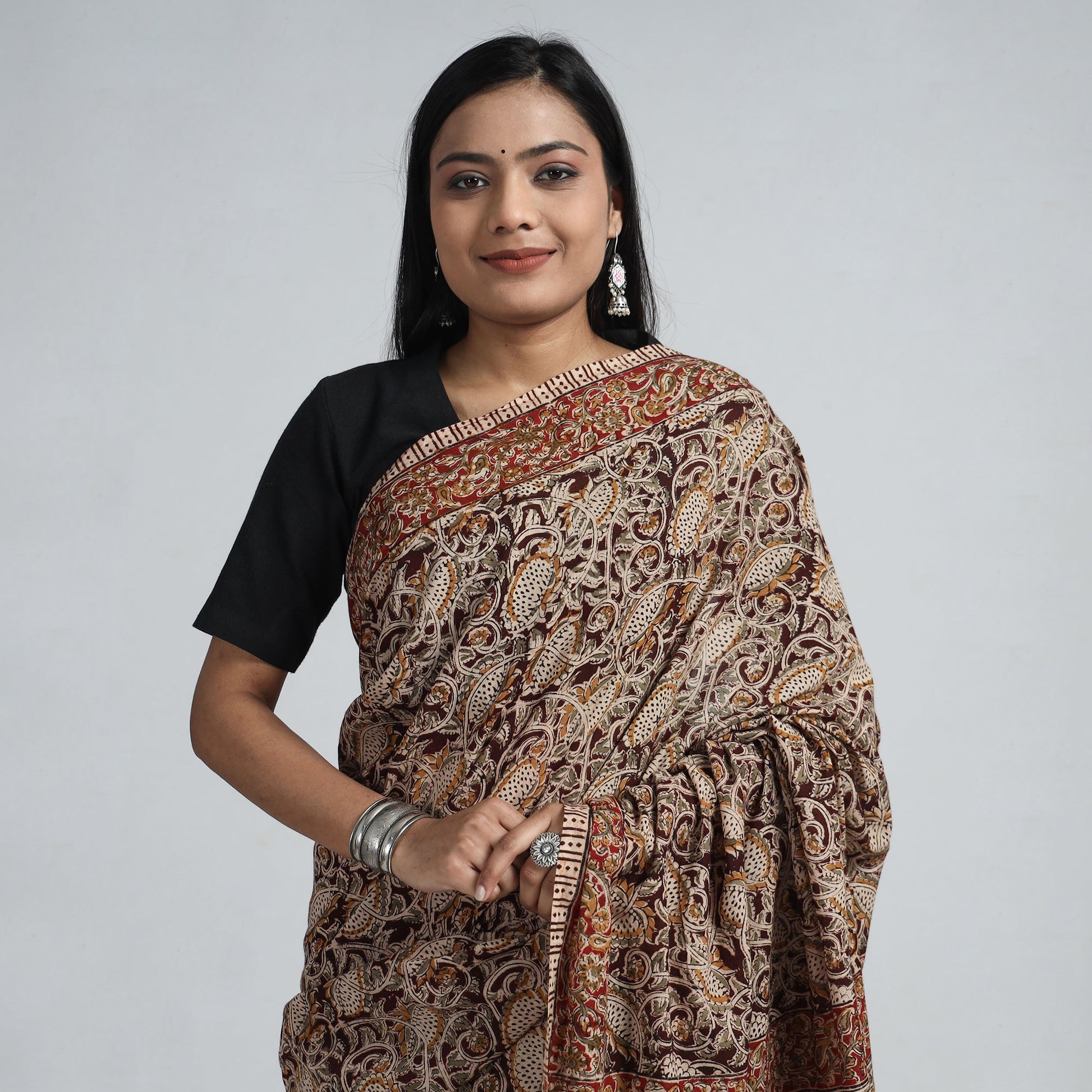 Brown - Pedana Block Print Cotton Kalamkari Saree