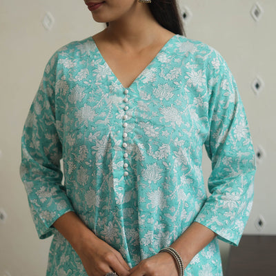 Aqua Blue - Block Print Cotton A-Line Sanganeri Kurta 16