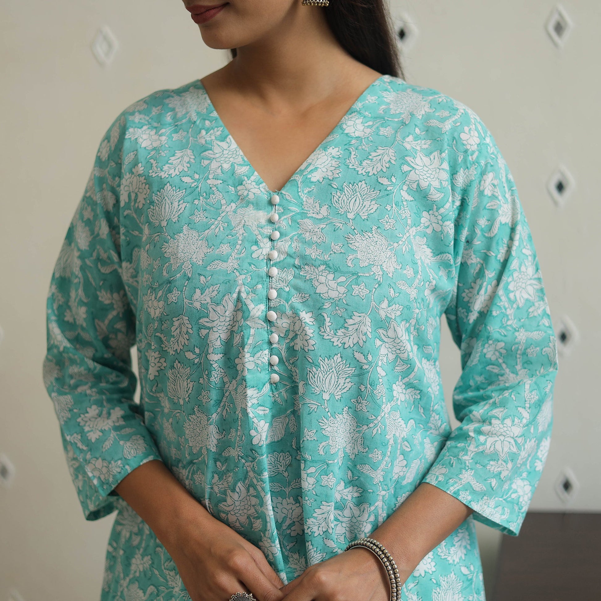Aqua Blue - Block Print Cotton A-Line Sanganeri Kurta 16