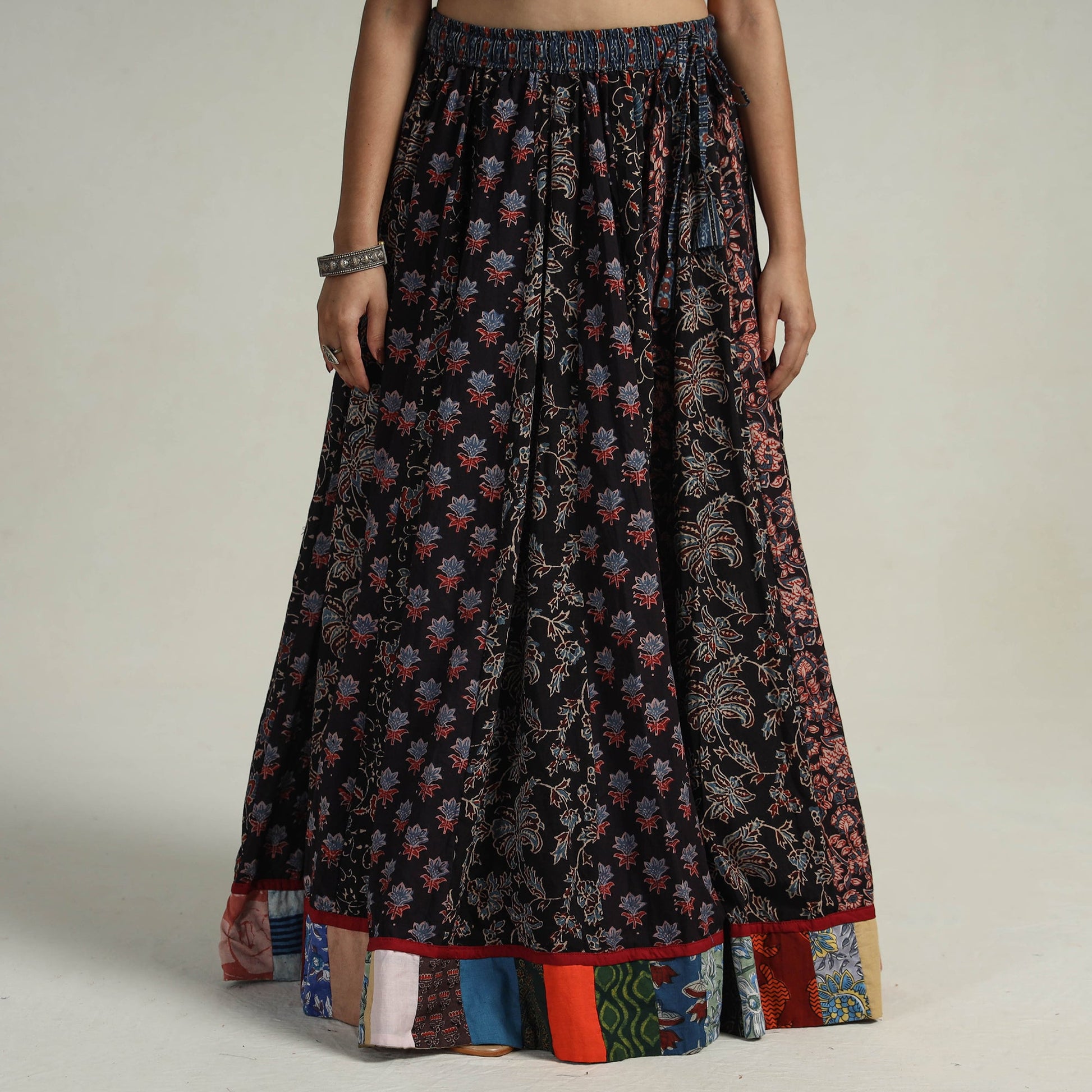 Black - Kutch Block Printed 24 Kali Cotton Long Skirt 24