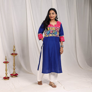 Blue - Fiza Slub Silk Straight Plain Kurta with Patchwork