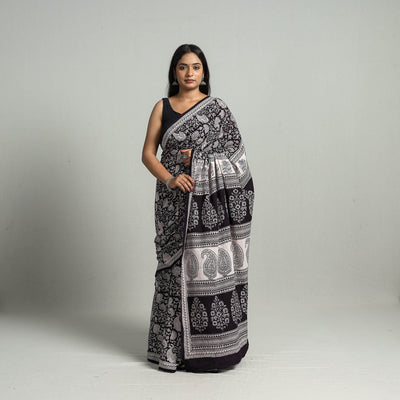 Black - Natural Dyed Bagh Print Cotton Saree with Blouse Piece 24