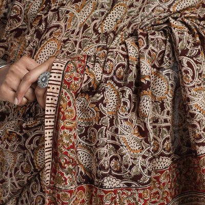 Brown - Pedana Block Print Cotton Kalamkari Saree