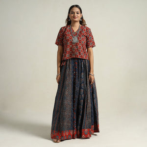 Blue - Ajrakh Block Printed 24 Kali Patchwork Cotton Long Skirt 10