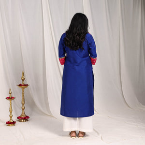 Blue - Fiza Slub Silk Straight Plain Kurta with Patchwork