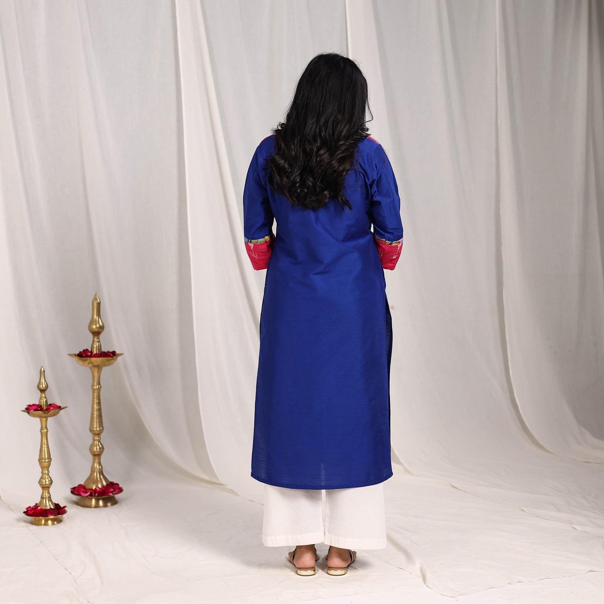 Blue - Fiza Slub Silk Straight Plain Kurta with Patchwork