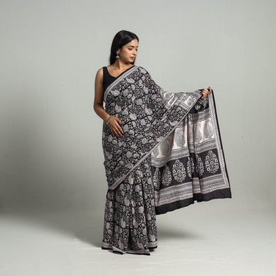 Black - Natural Dyed Bagh Print Cotton Saree with Blouse Piece 24