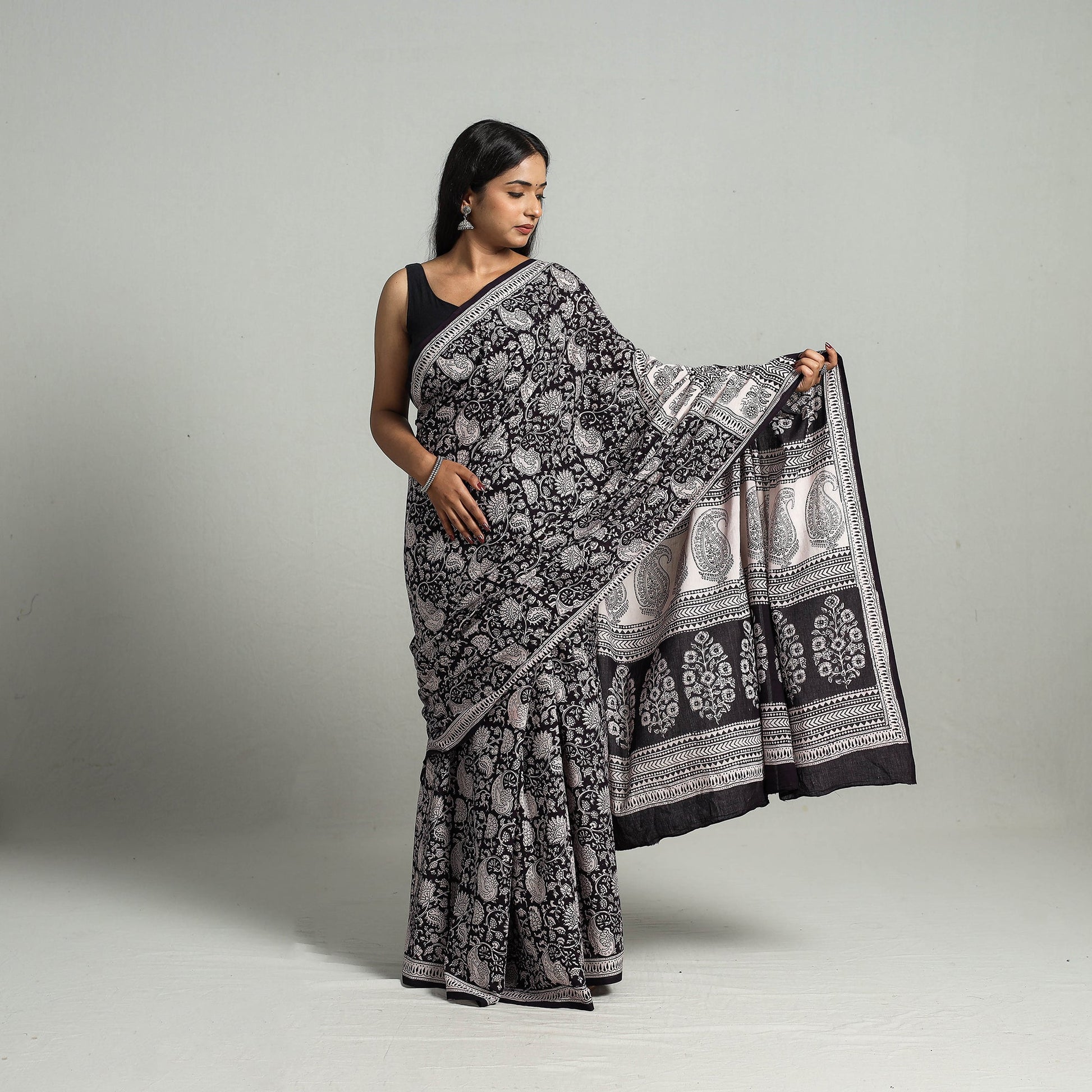 Black - Natural Dyed Bagh Print Cotton Saree with Blouse Piece 24