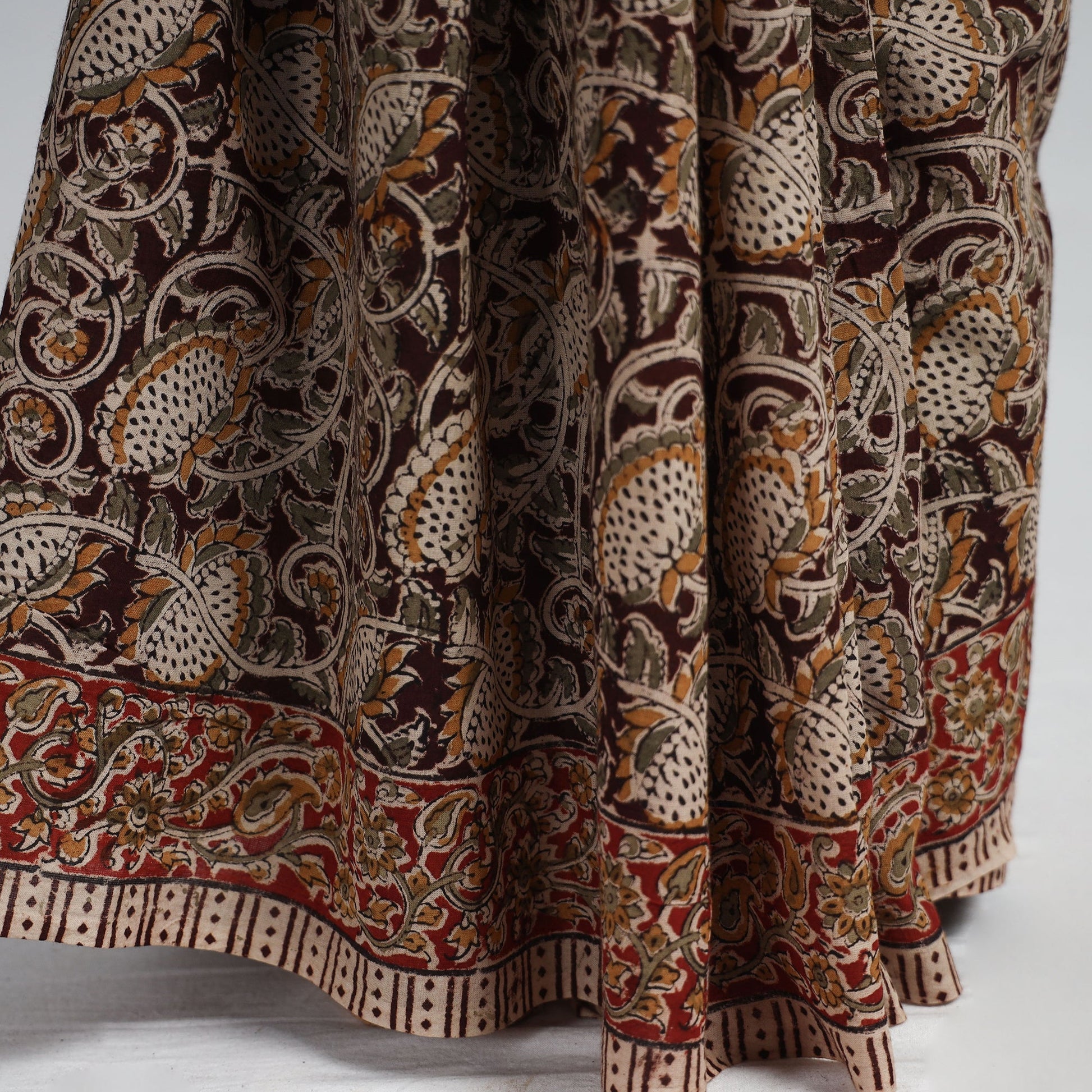 Brown - Pedana Block Print Cotton Kalamkari Saree