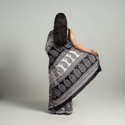 Black - Natural Dyed Bagh Print Cotton Saree with Blouse Piece 24