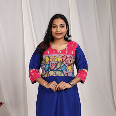Blue - Fiza Slub Silk Straight Plain Kurta with Patchwork