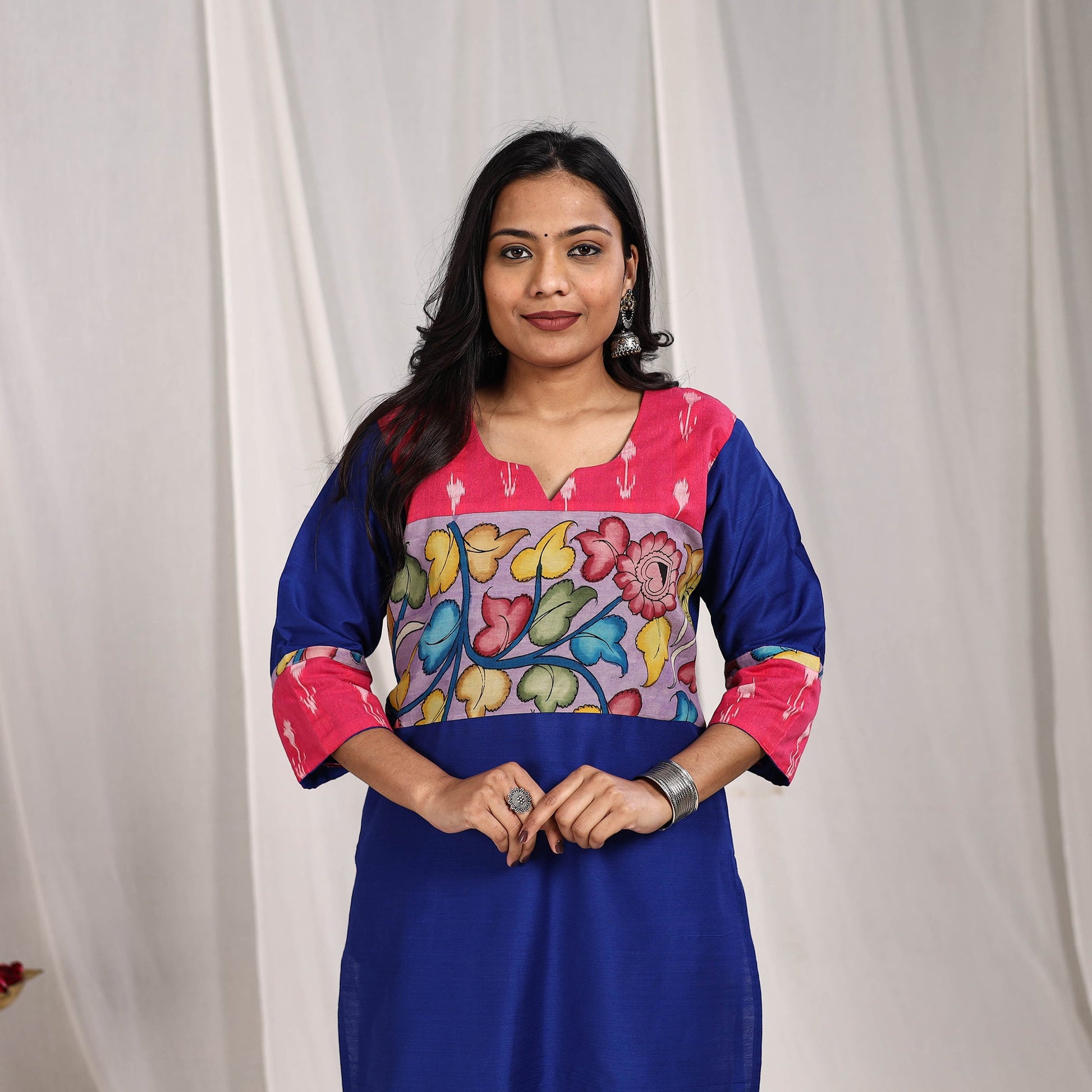 Blue - Fiza Slub Silk Straight Plain Kurta with Patchwork