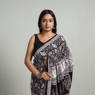 Black - Natural Dyed Bagh Print Cotton Saree with Blouse Piece 24
