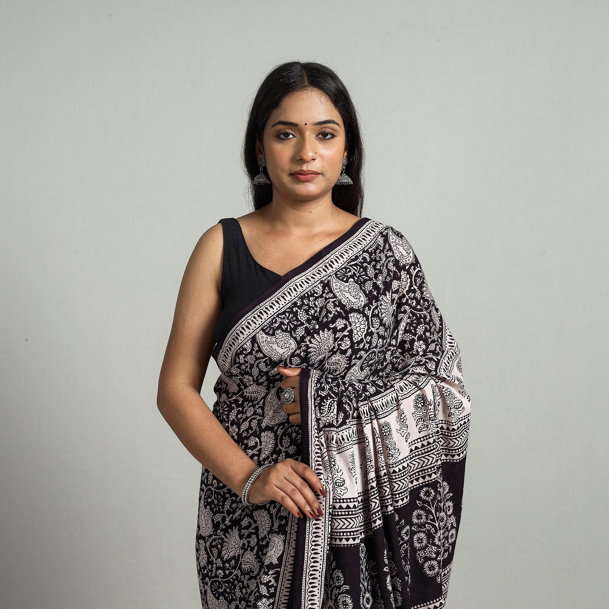 Black - Natural Dyed Bagh Print Cotton Saree with Blouse Piece 24