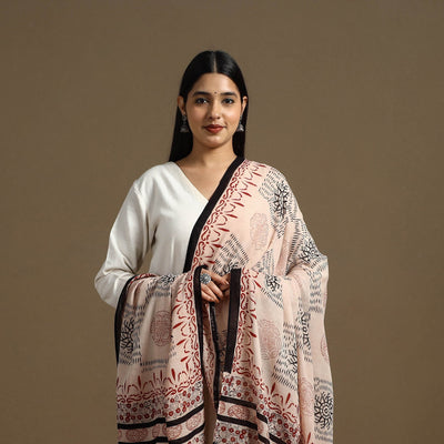 Beige - Block Print Mul Cotton Bagru Dupatta 20
