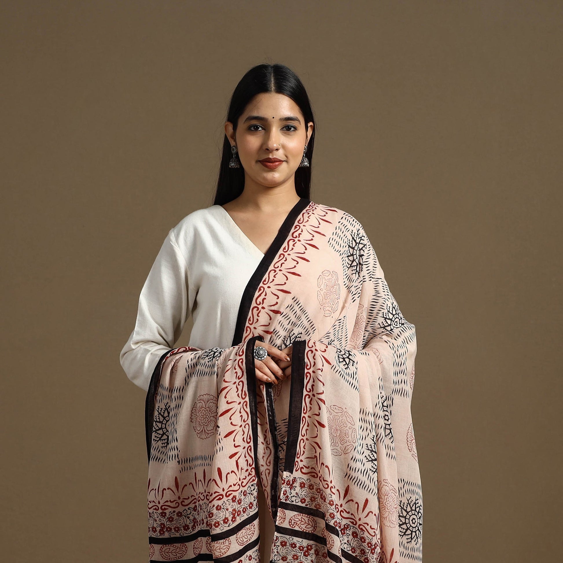 Beige - Block Print Mul Cotton Bagru Dupatta 20