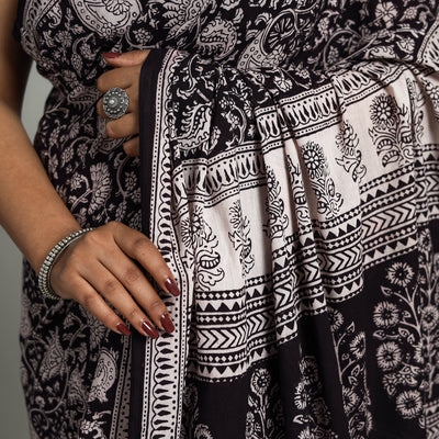 Black - Natural Dyed Bagh Print Cotton Saree with Blouse Piece 24