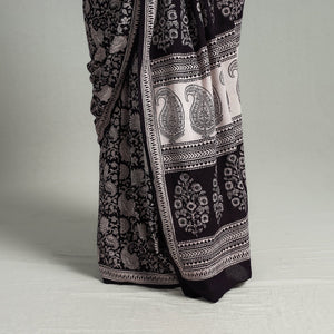 Black - Natural Dyed Bagh Print Cotton Saree with Blouse Piece 24