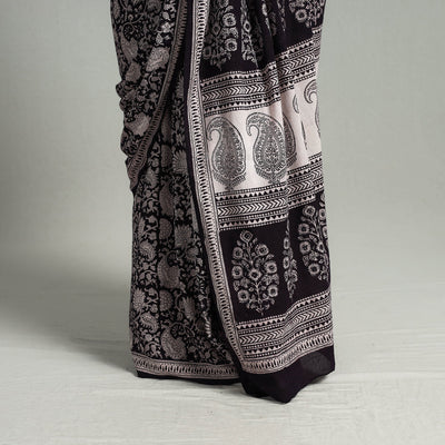 Black - Natural Dyed Bagh Print Cotton Saree with Blouse Piece 24