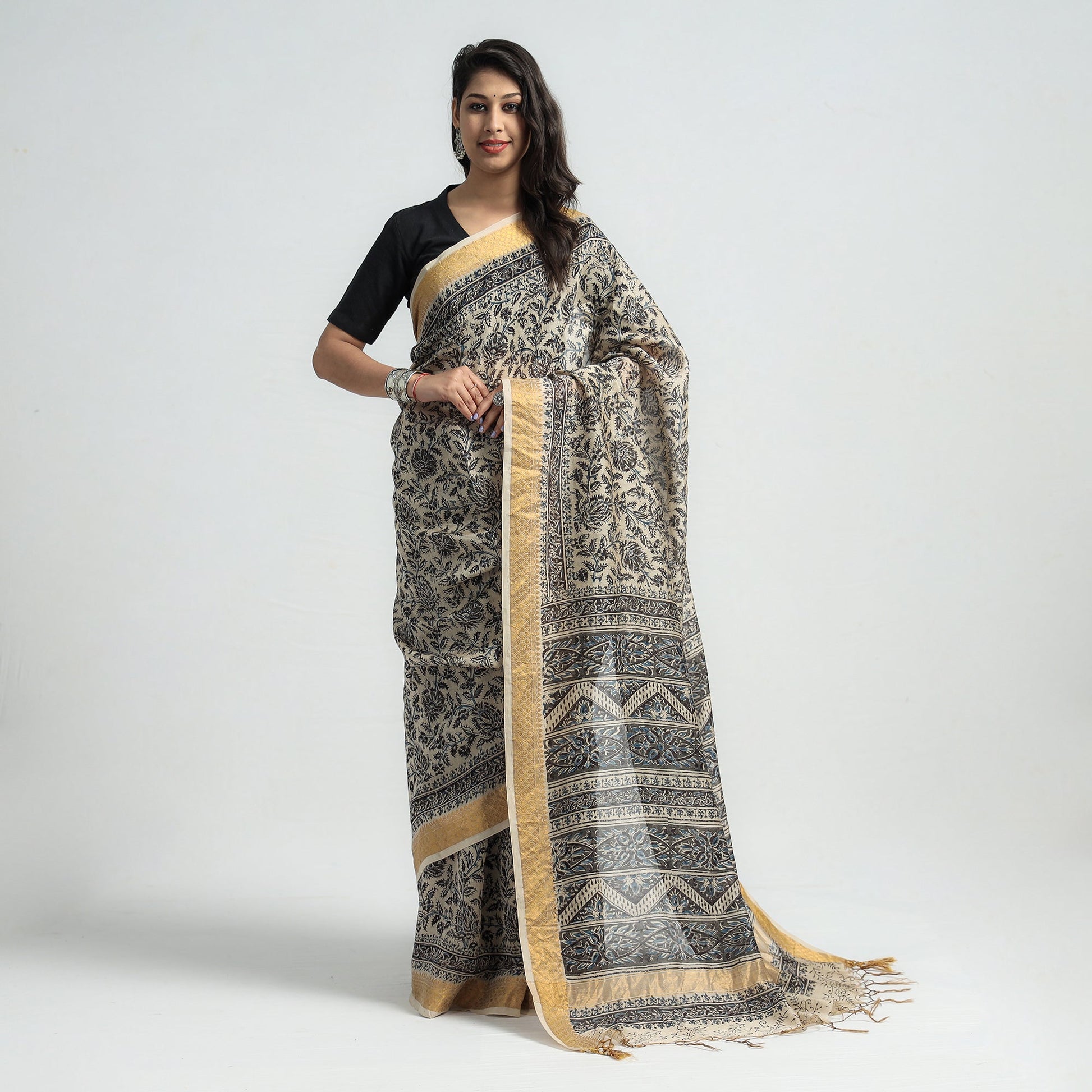 Black - Original Pedana Kalamkari Block Print Silk Saree