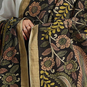 Black - Mangalagiri Cotton Handpainted Pen Work Kalamkari Dupatta 18