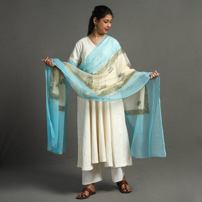 Blue - Block Printed Kota Doria Cotton Sanganeri Dupatta 50
