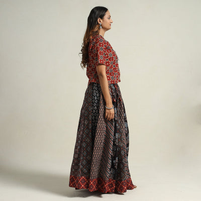 Black - Ajrakh Block Printed 24 Kali Patchwork Cotton Long Skirt 11