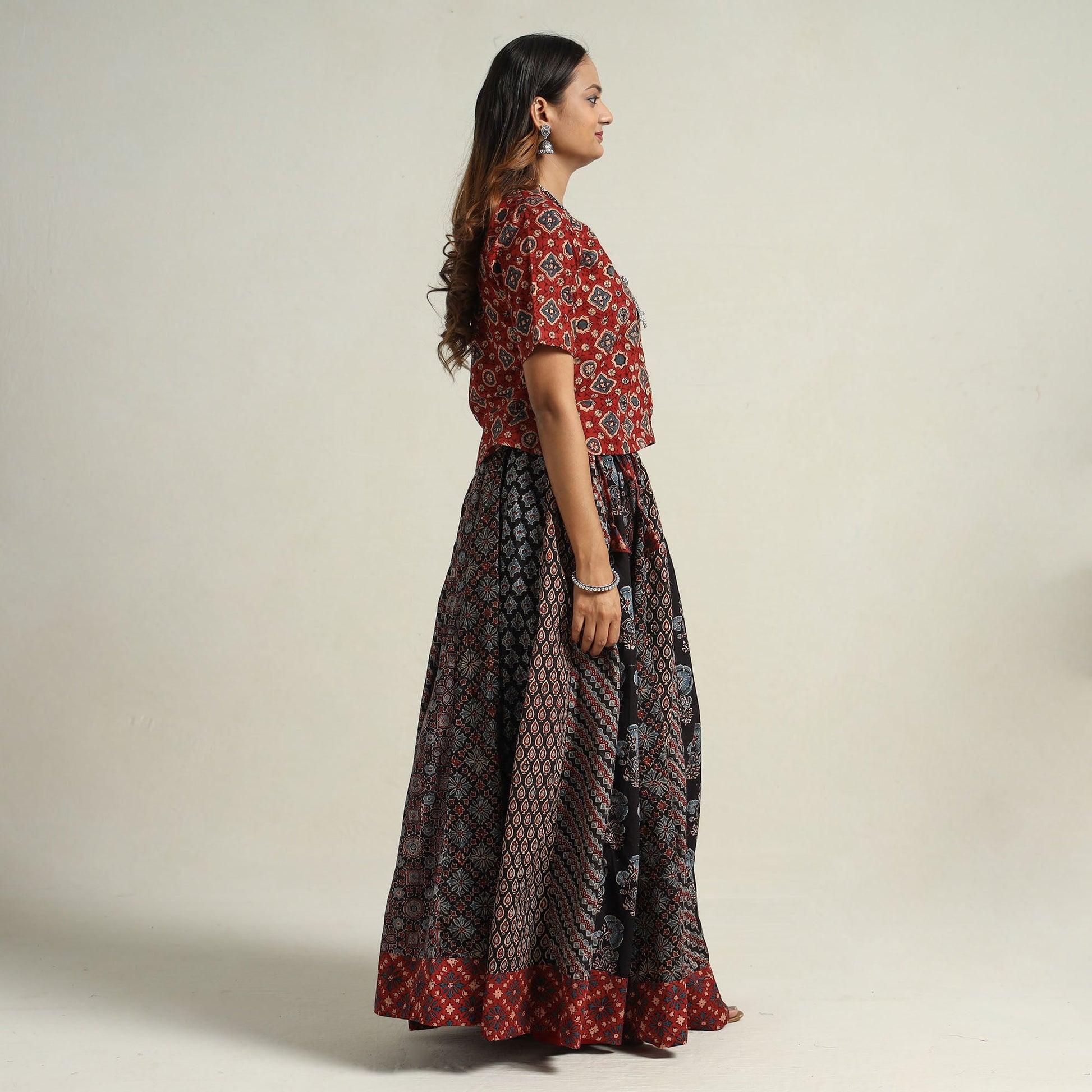 Black - Ajrakh Block Printed 24 Kali Patchwork Cotton Long Skirt 11