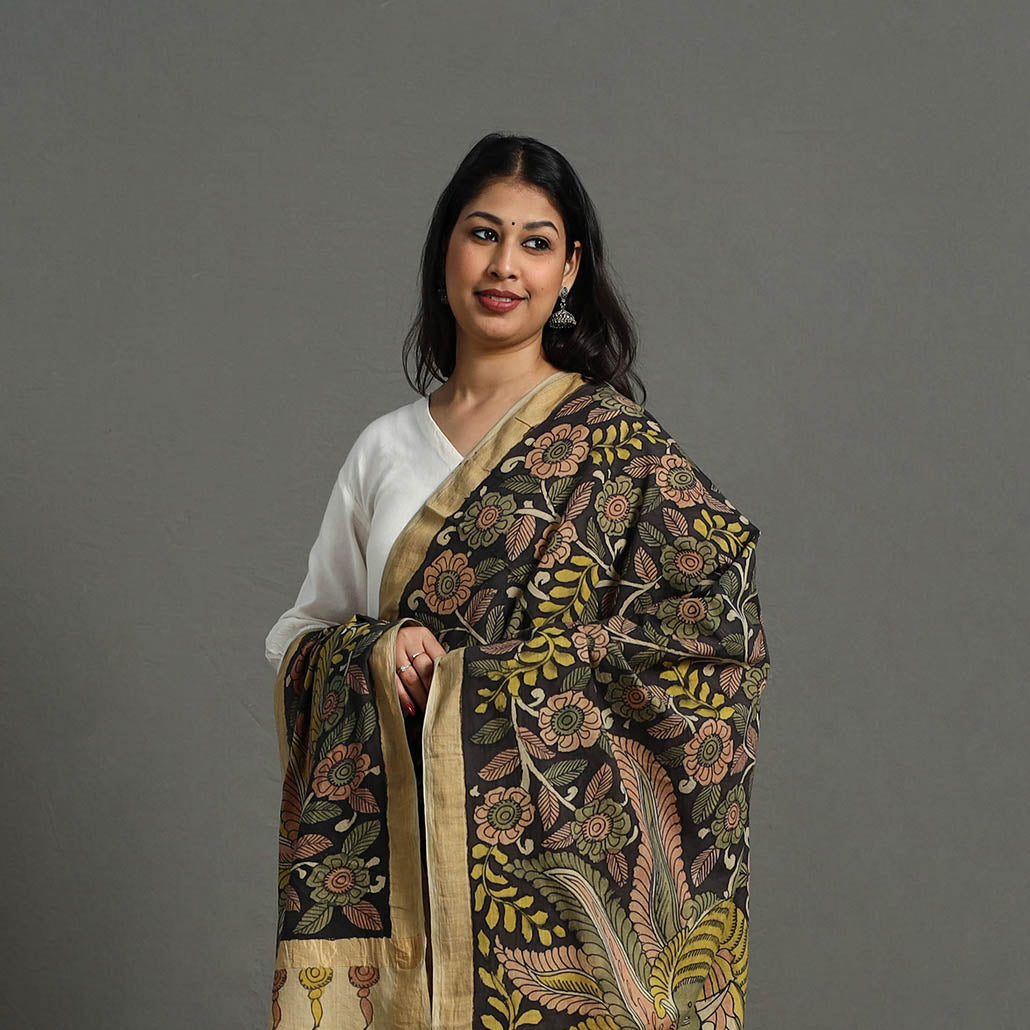 Black - Mangalagiri Cotton Handpainted Pen Work Kalamkari Dupatta 18