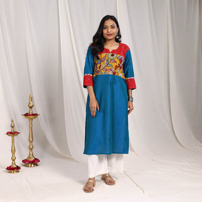 Blue - Aaliya Slub Silk Straight Plain Kurta with Patchwork