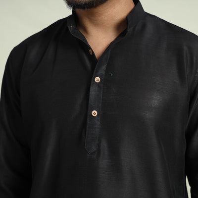 Black - Plain Dyed Slub Silk Men Long Kurta