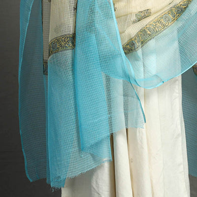 Blue - Block Printed Kota Doria Cotton Sanganeri Dupatta 50