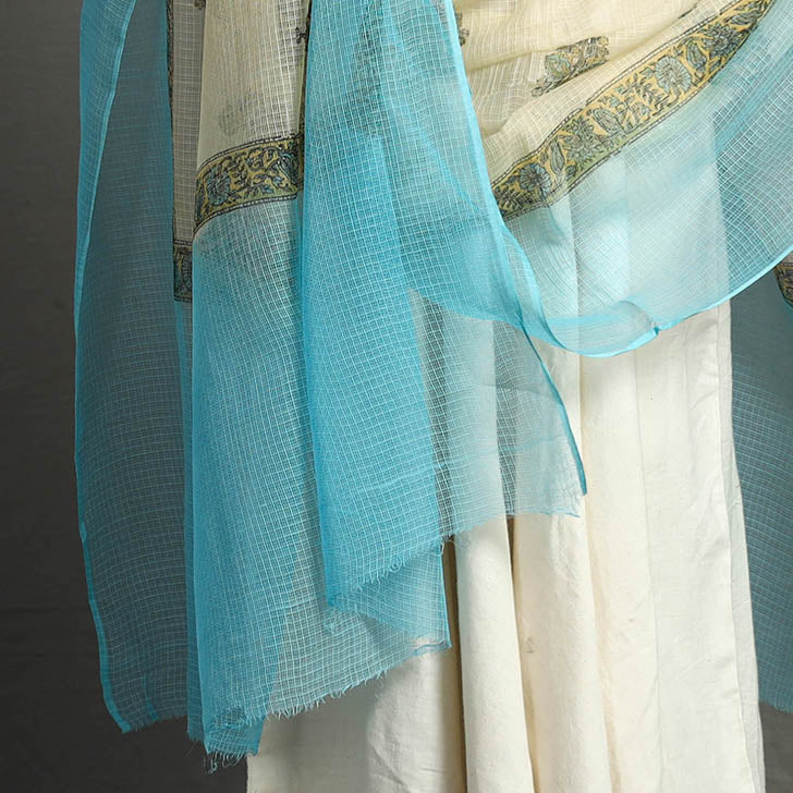 Blue - Block Printed Kota Doria Cotton Sanganeri Dupatta 50