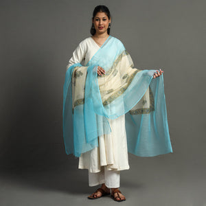 Blue - Block Printed Kota Doria Cotton Sanganeri Dupatta 50