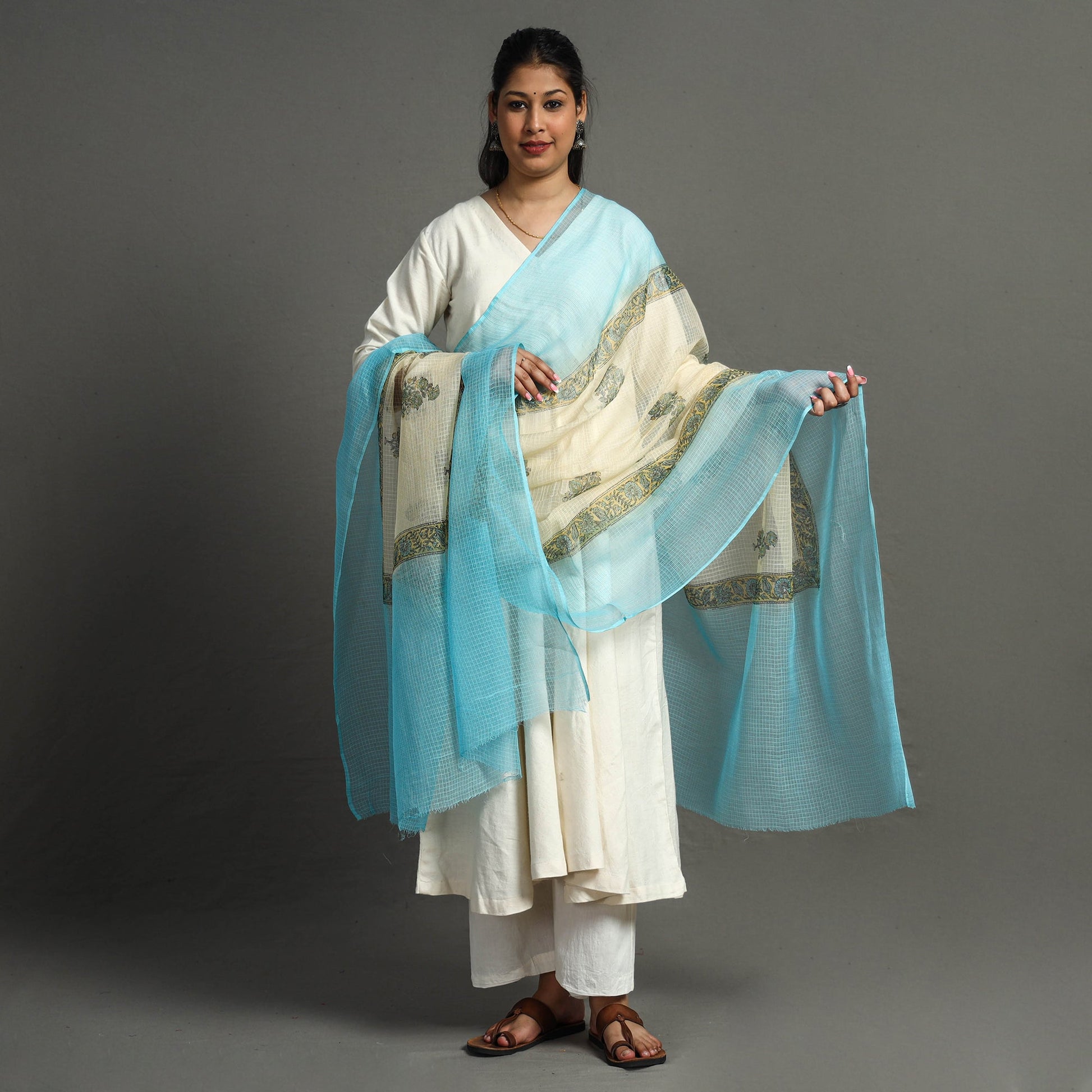 Blue - Block Printed Kota Doria Cotton Sanganeri Dupatta 50