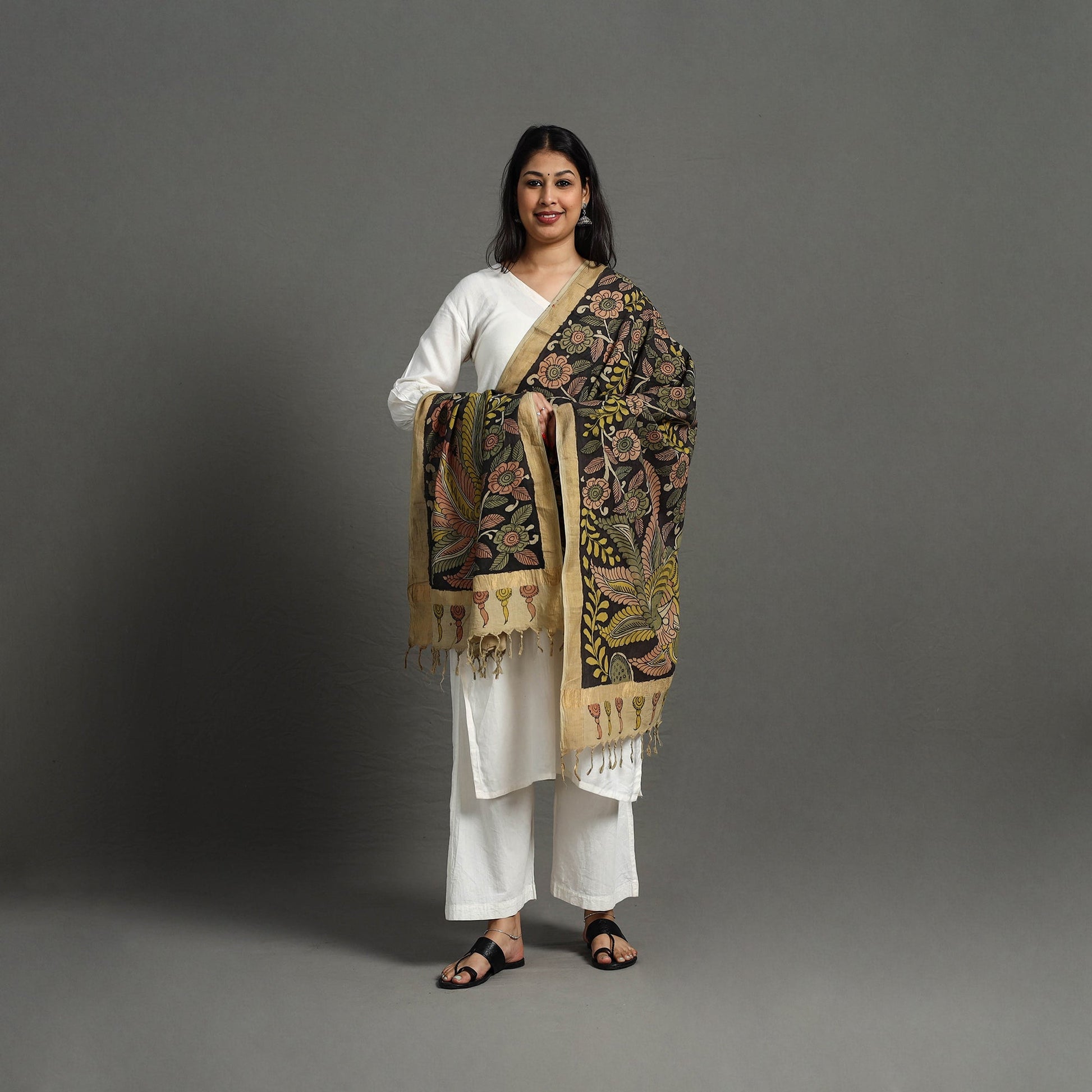 Black - Mangalagiri Cotton Handpainted Pen Work Kalamkari Dupatta 18