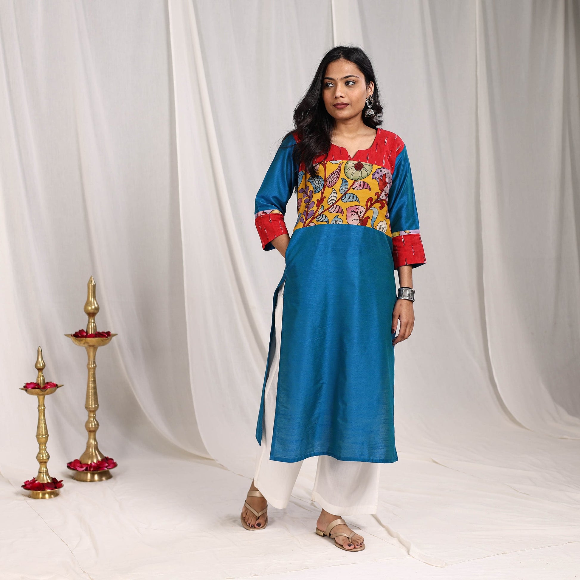 Blue - Aaliya Slub Silk Straight Plain Kurta with Patchwork